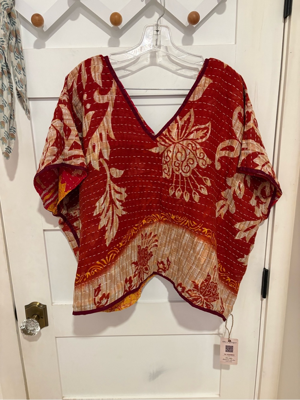 Kantha Reversible Red V-Neck Floral Tunic Top